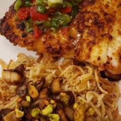 Almond Encrusted Halibut with Rice and Vermicelli Pilaf with Shiitake Mushrooms and Chili Salsa