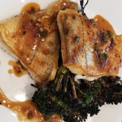 Crispy Skinned Haddock with Spiced Brown Sauce and Charred Broccolini