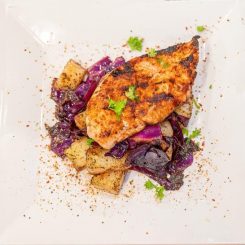 Baharat Pan Seared Chicken Breast with Red Cabbage and Potatoes